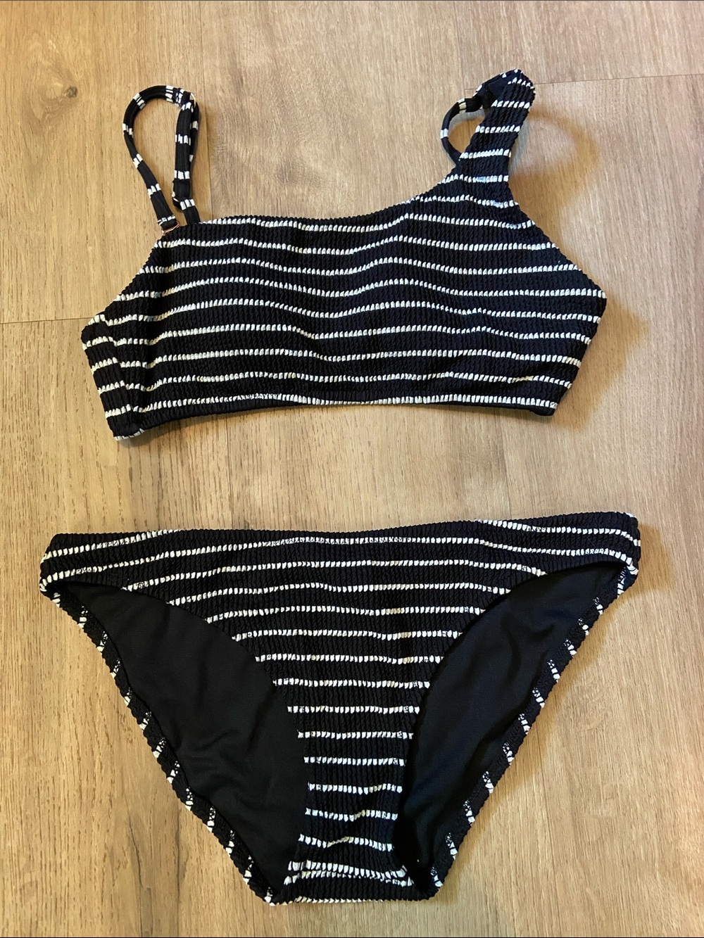 Raisins Crinkle Smocked Bikini Set Size M Black/White Striped Asymmetric Retro